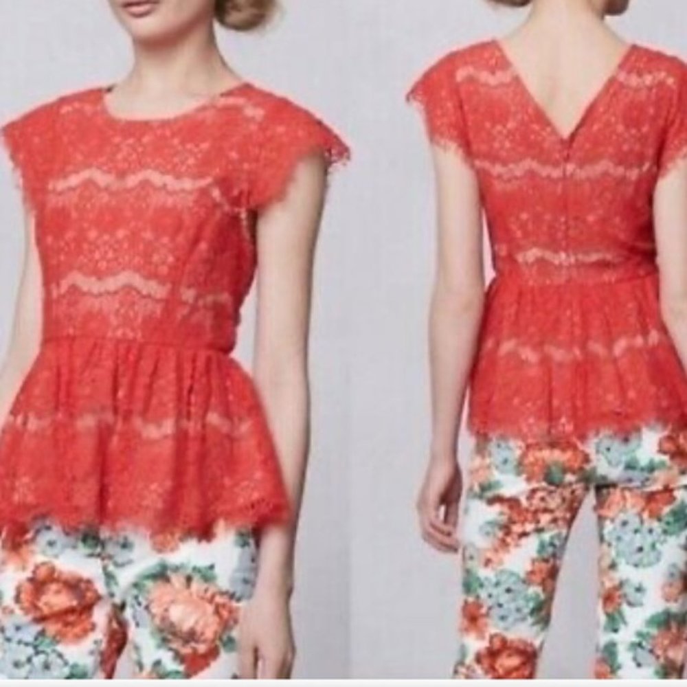 Anthropologie Maeve Katrine Peplum Lace Crochet Cap Sleeve Top